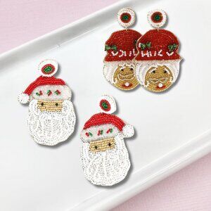 SET OF 2 CHRISTMAS Seed Bead Earrings Santa & Mrs Claus Rhinestone Holiday NEW
